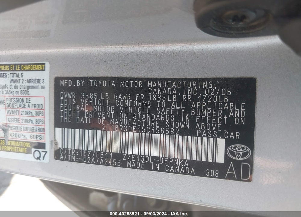 2005 TOYOTA COROLLA LE VIN: 2T1BR30E15C456582