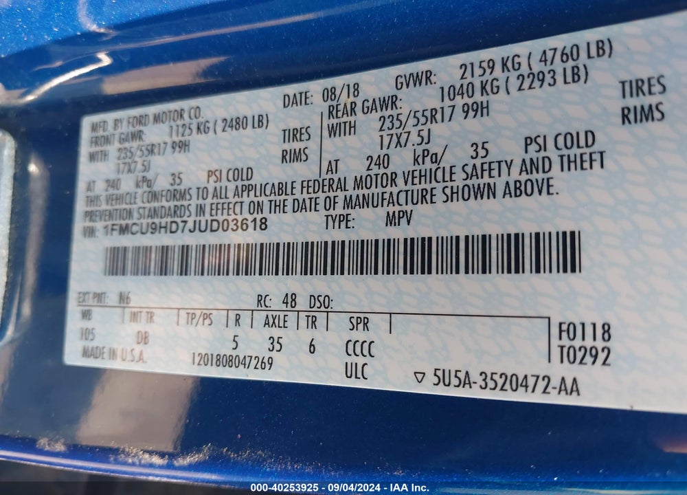 2018 FORD ESCAPE SEL VIN: 1FMCU9HD7JUD03618