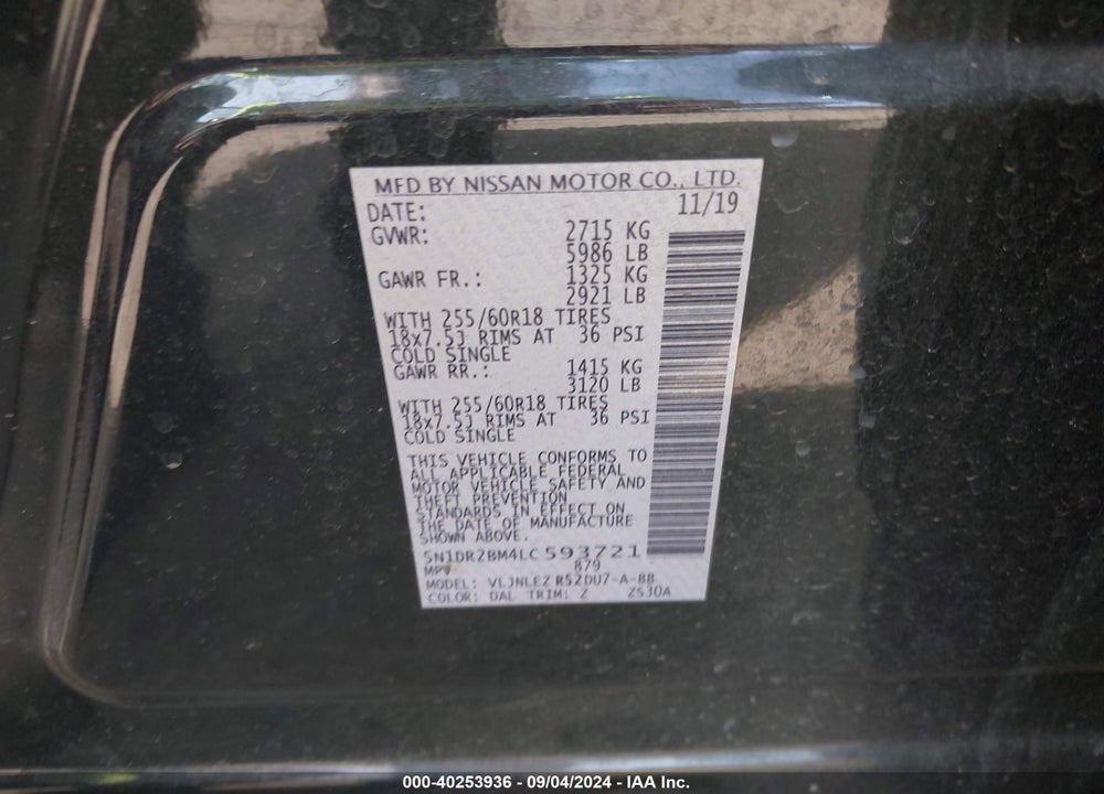 2020 NISSAN PATHFINDER SV 4WD VIN: 5N1DR2BM4LC593721