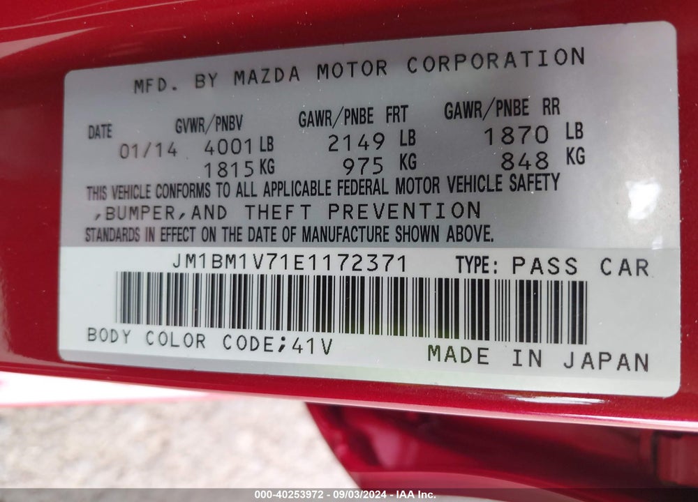 2014 MAZDA 3 I TOURING VIN: JM1BM1V71E1172371