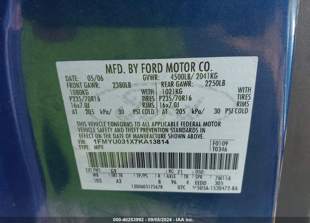 2007 FORD ESCAPE XLT/XLT SPORT VIN: 1FMYU031X7KA13814