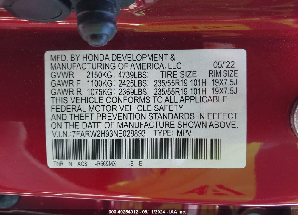 2022 HONDA CR-V AWD TOURING VIN: 7FARW2H93NE028893