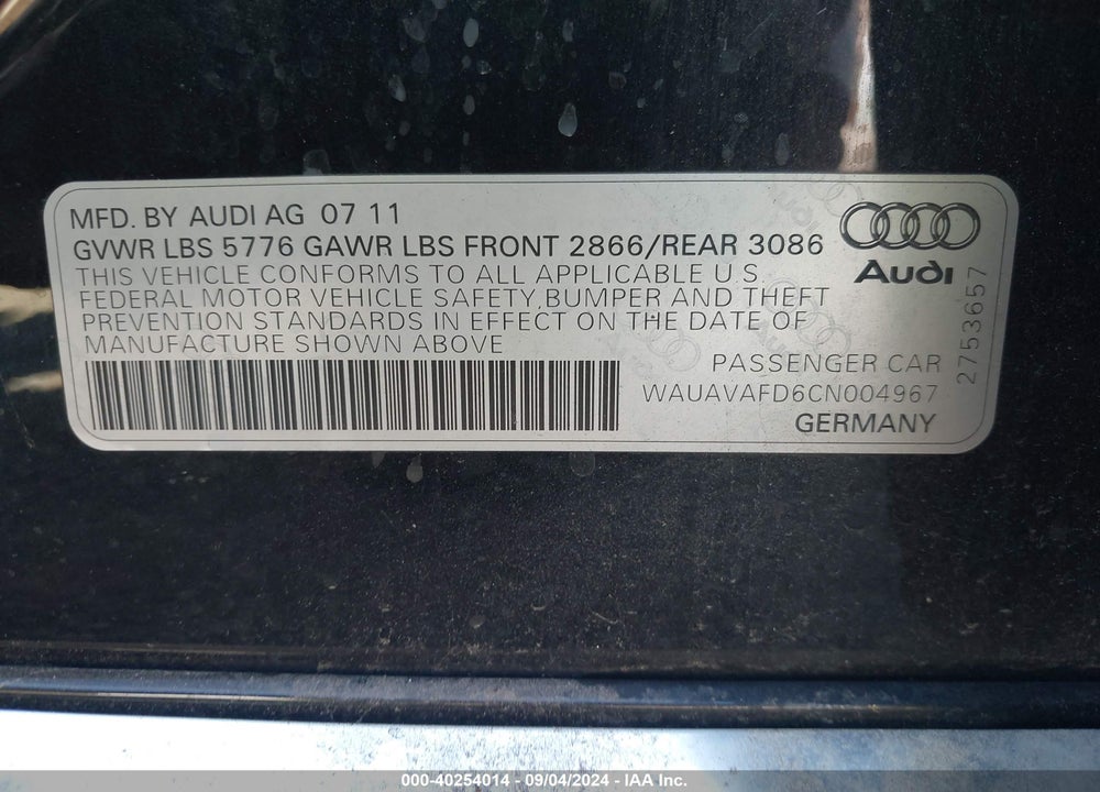 2012 AUDI A8 4.2 VIN: WAUAVAFD6CN004967