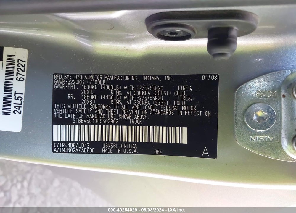 2008 TOYOTA TUNDRA LIMITED 5.7L V8 VIN: 5TBBV58138S503902
