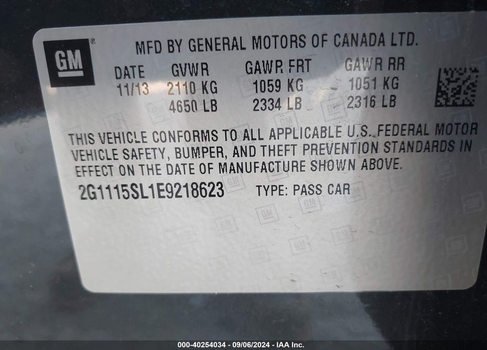 2014 CHEVROLET IMPALA 1LT VIN: 2G1115SL1E9218623