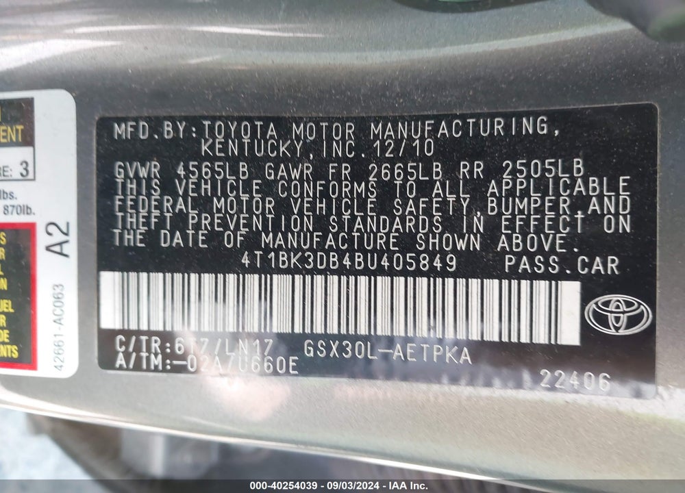 2011 TOYOTA AVALON LIMITED VIN: 4T1BK3DB4BU405849