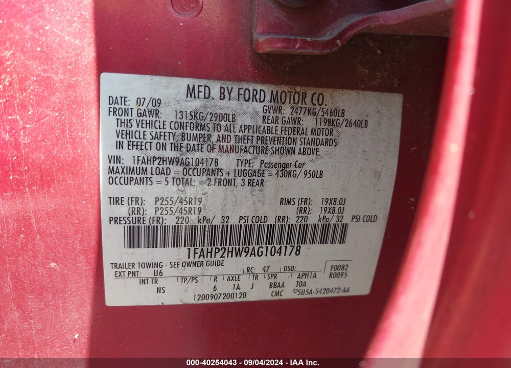 2010 FORD TAURUS VIN: 1FAHP2HW9AG104178