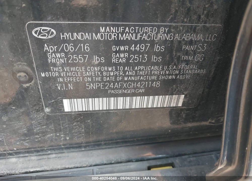 2016 HYUNDAI SONATA SE VIN: 5NPE24AFXGH421148