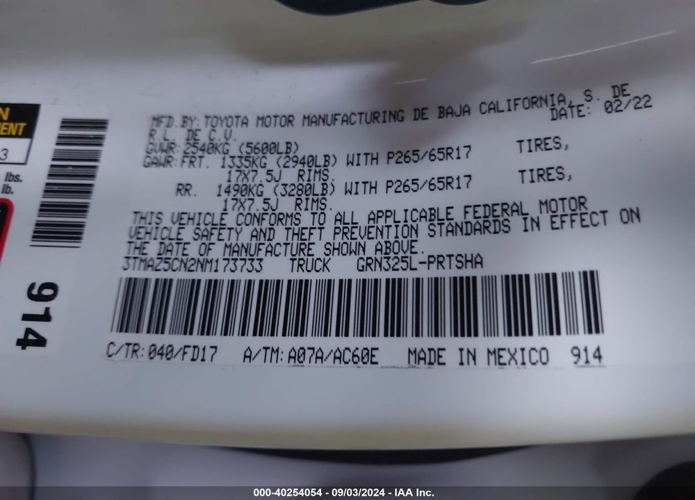 2022 TOYOTA TACOMA TRD SPORT VIN: 3TMAZ5CN2NM173733