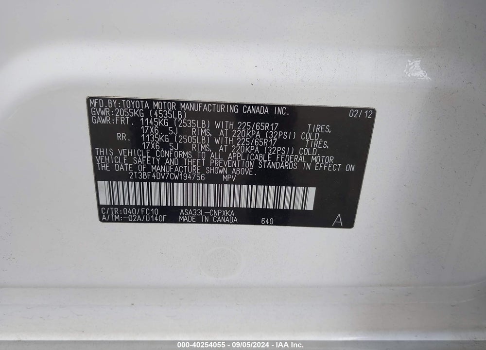 2012 TOYOTA RAV4 VIN: 2T3BF4DV7CW194756