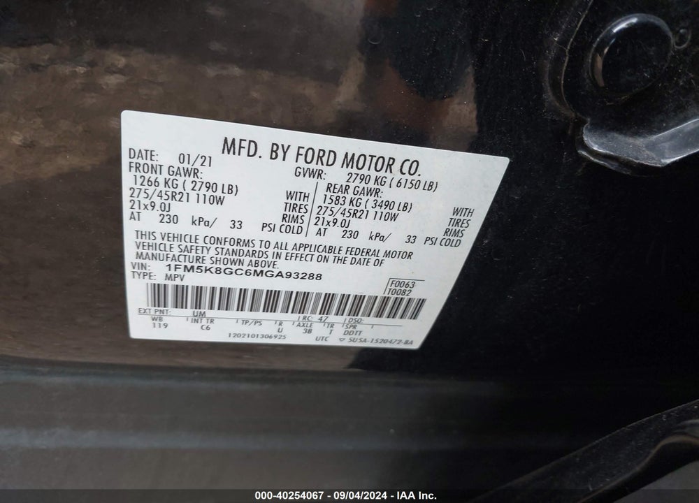 2021 FORD EXPLORER ST VIN: 1FM5K8GC6MGA93288