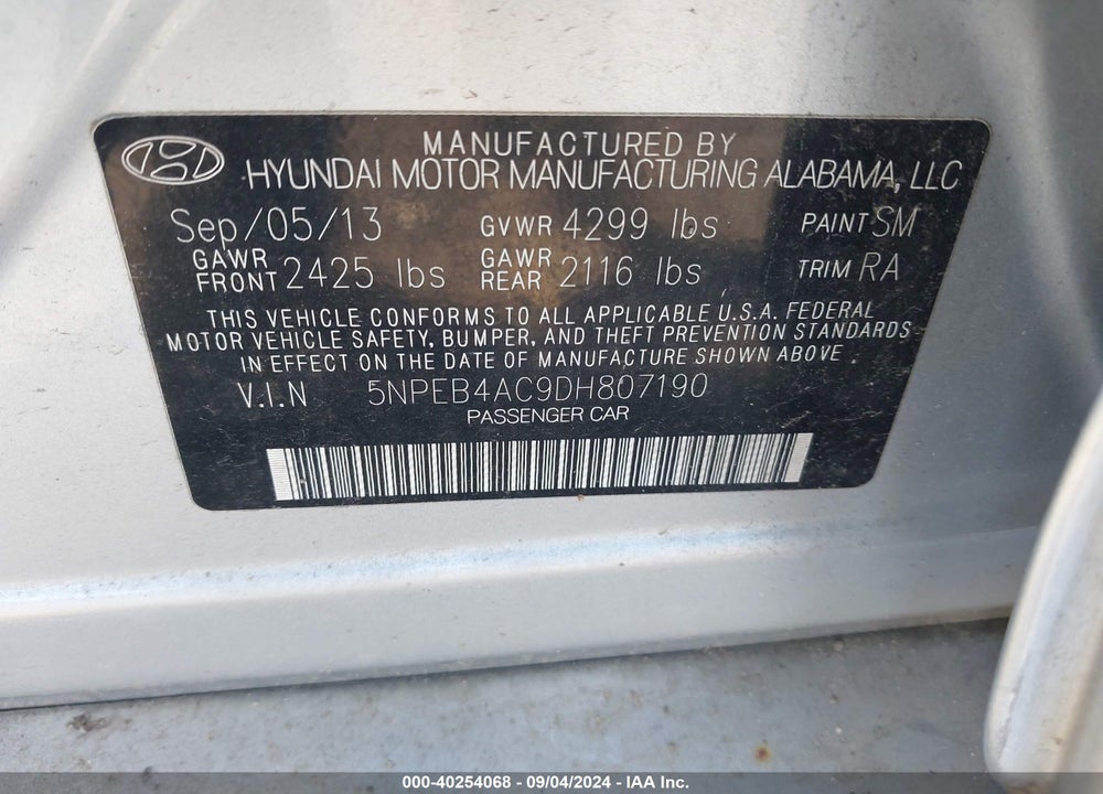 2013 HYUNDAI SONATA GLS VIN: 5NPEB4AC9DH807190