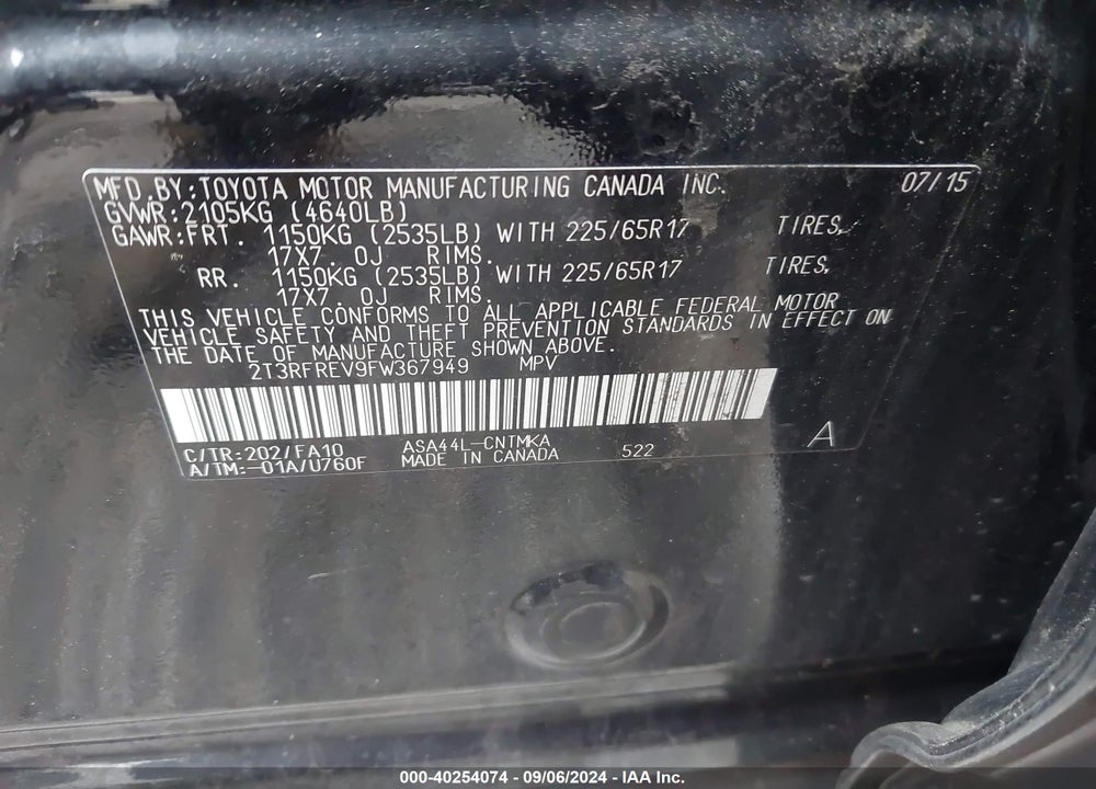 2015 TOYOTA RAV4 XLE VIN: 2T3RFREV9FW367949