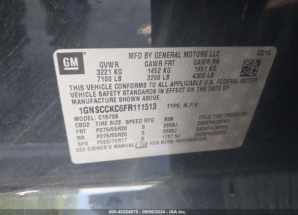 2015 CHEVROLET TAHOE VIN: 1GNSCCKC6FR111513