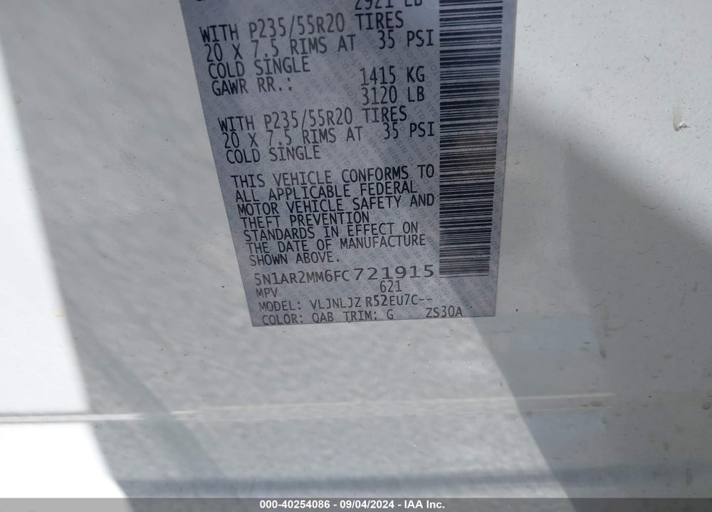 2015 NISSAN PATHFINDER PLATINUM VIN: 5N1AR2MM6FC721915