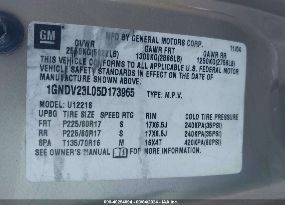 2005 CHEVROLET UPLANDER LS VIN: 1GNDV23L05D173965