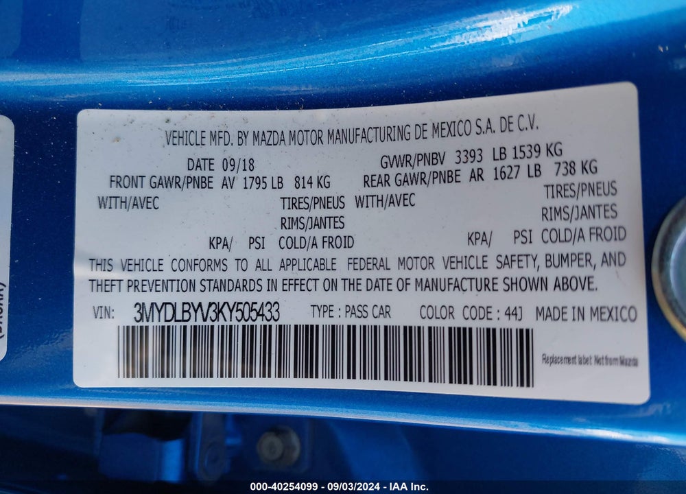 2019 TOYOTA YARIS L VIN: 3MYDLBYV3KY505433