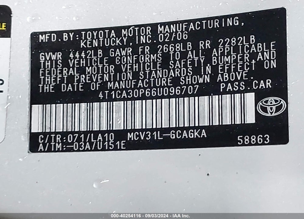 2006 TOYOTA CAMRY SOLARA SLE V6 VIN: 4T1CA30P66U096707