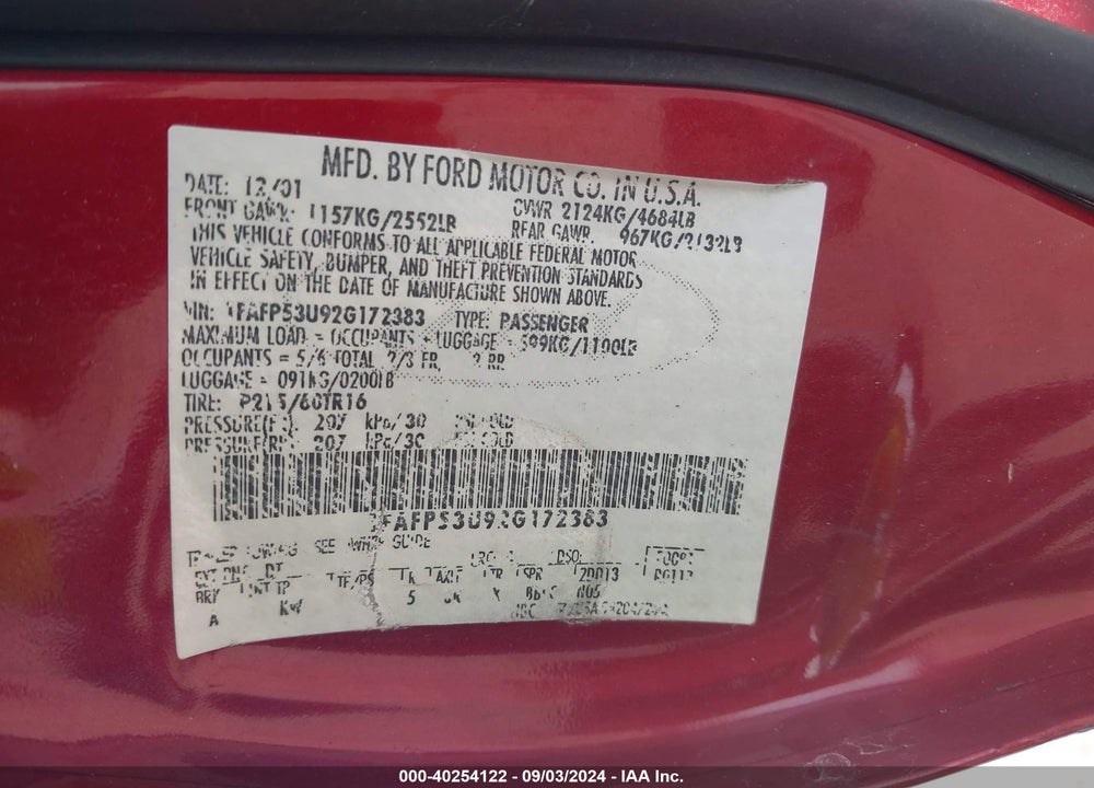 2002 FORD TAURUS VIN: 1FAFP53U92G172383