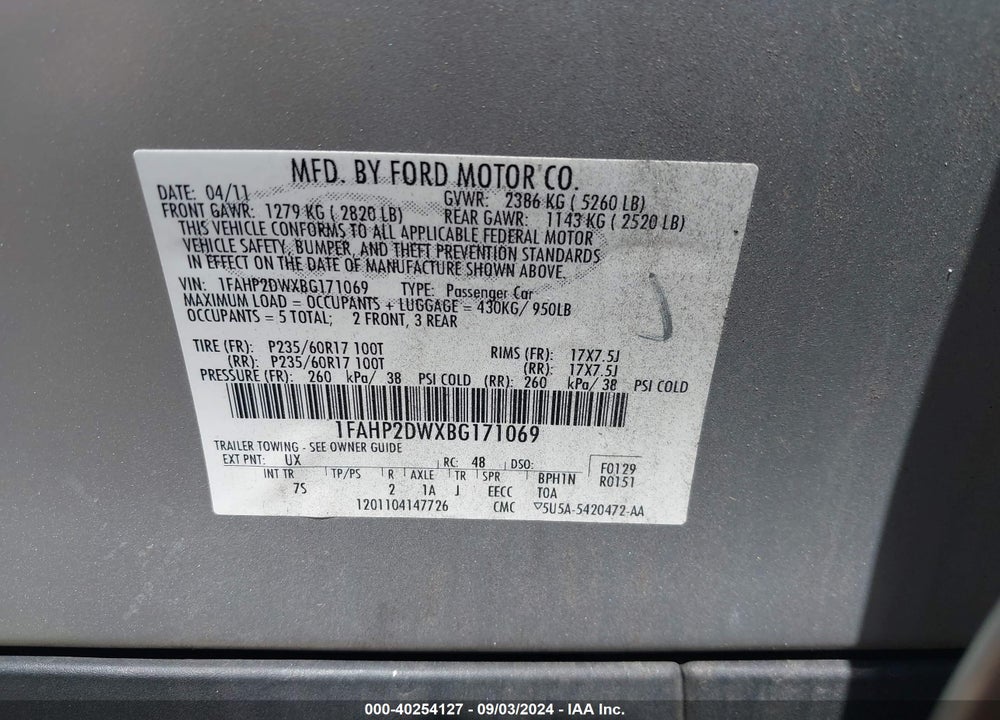 2011 FORD TAURUS SE VIN: 1FAHP2DWXBG171069