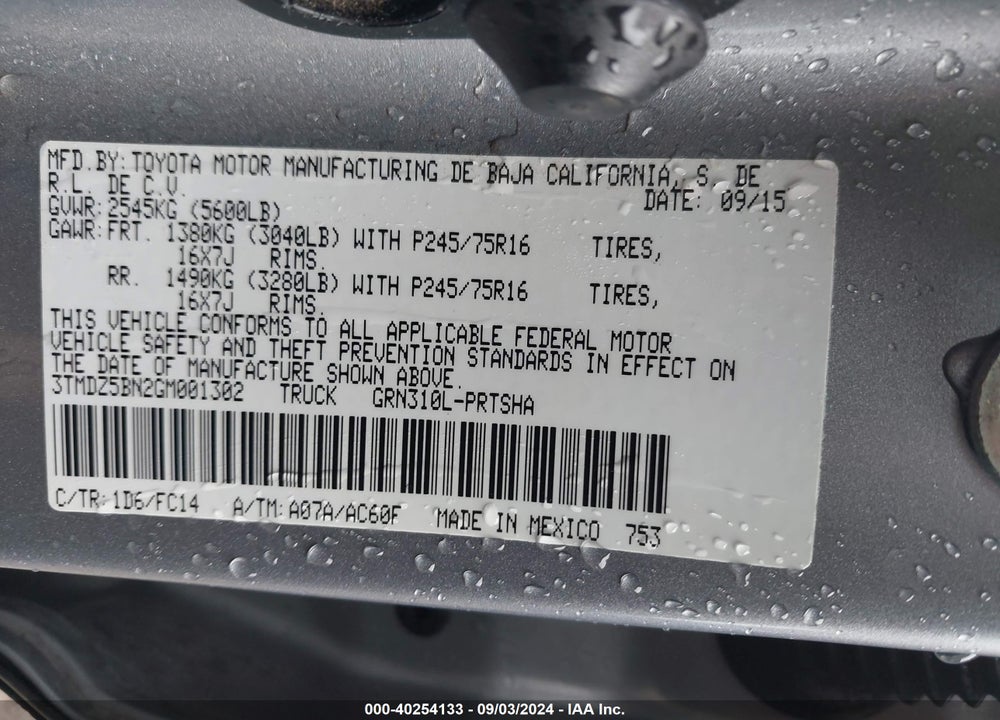 2016 TOYOTA TACOMA TRD SPORT VIN: 3TMDZ5BN2GM001302