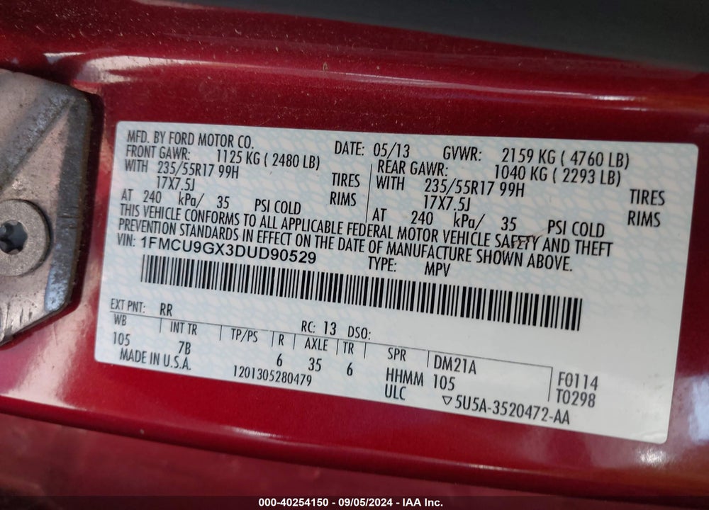 2013 FORD ESCAPE SE VIN: 1FMCU9GX3DUD90529