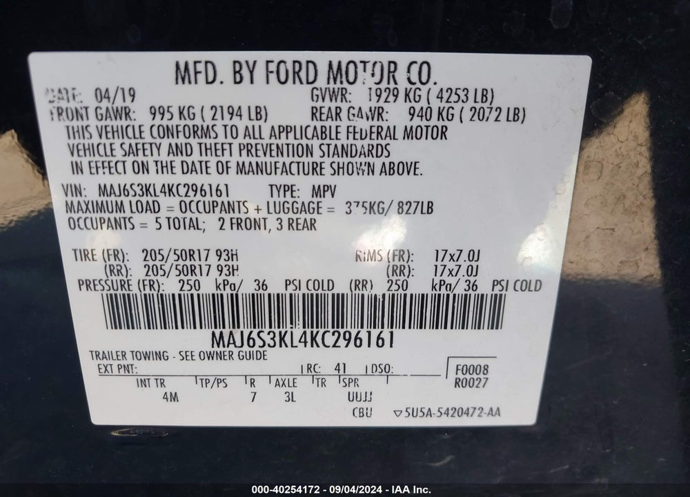 2019 FORD ECOSPORT TITANIUM VIN: MAJ6S3KL4KC296161