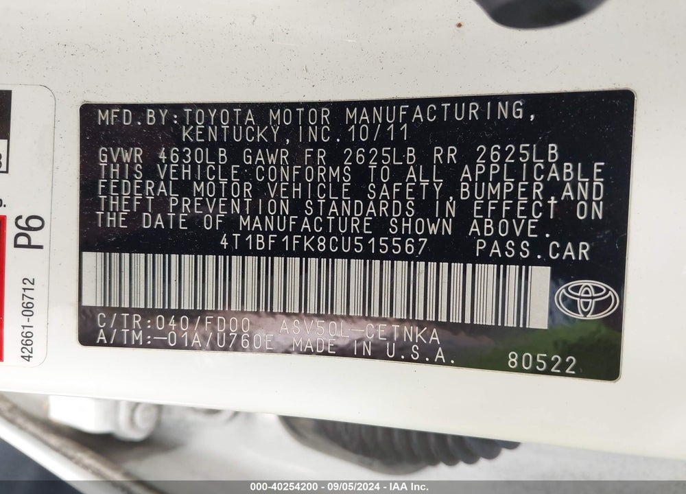 2012 TOYOTA CAMRY LE VIN: 4T1BF1FK8CU515567