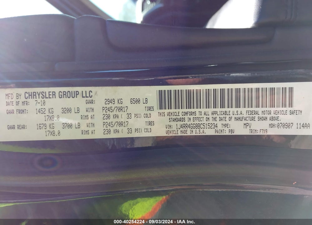 2011 JEEP GRAND CHEROKEE LAREDO VIN: 1J4RR4GG8BC515234