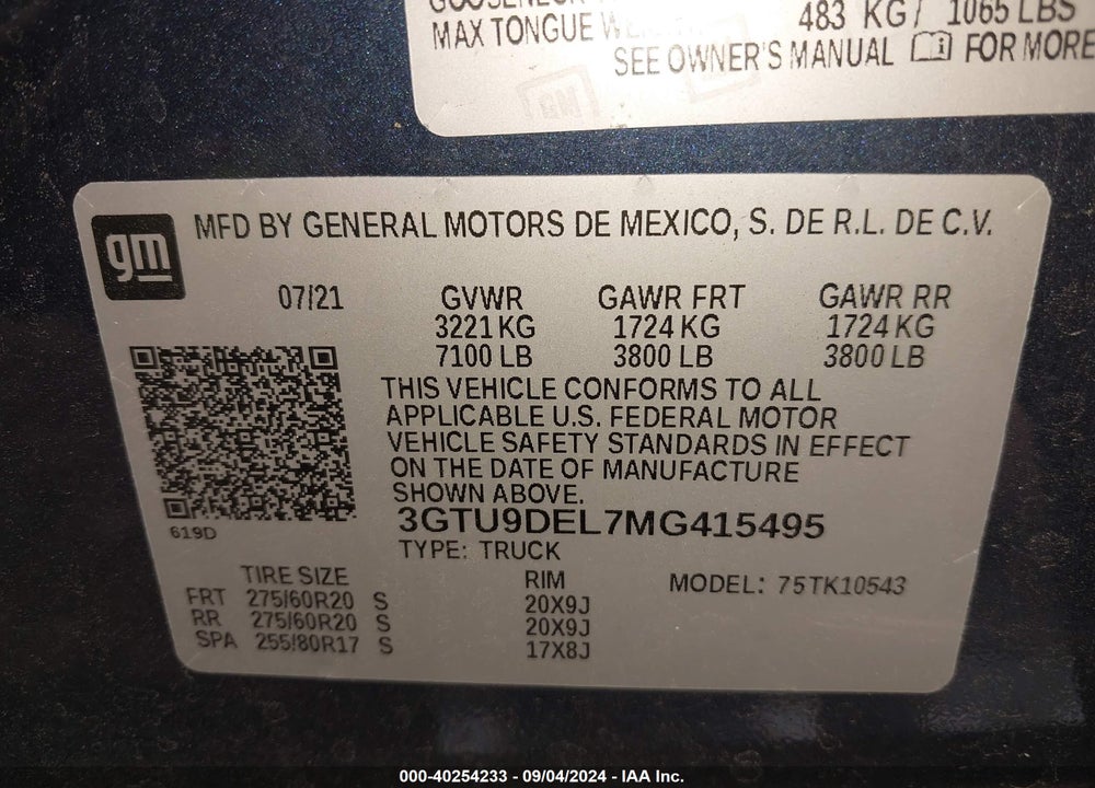 2021 GMC SIERRA 1500 4WD SHORT BOX SLT VIN: 3GTU9DEL7MG415495