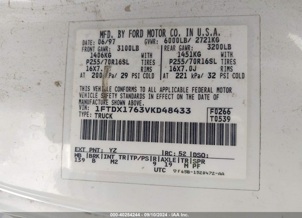 1997 FORD F-150 LARIAT/STANDARD/XL/XLT VIN: 1FTDX1763VKD48433
