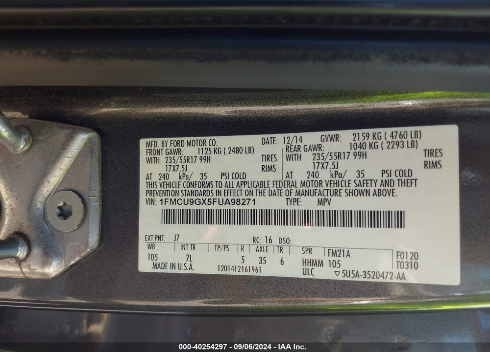 2015 FORD ESCAPE SE VIN: 1FMCU9GX5FUA98271