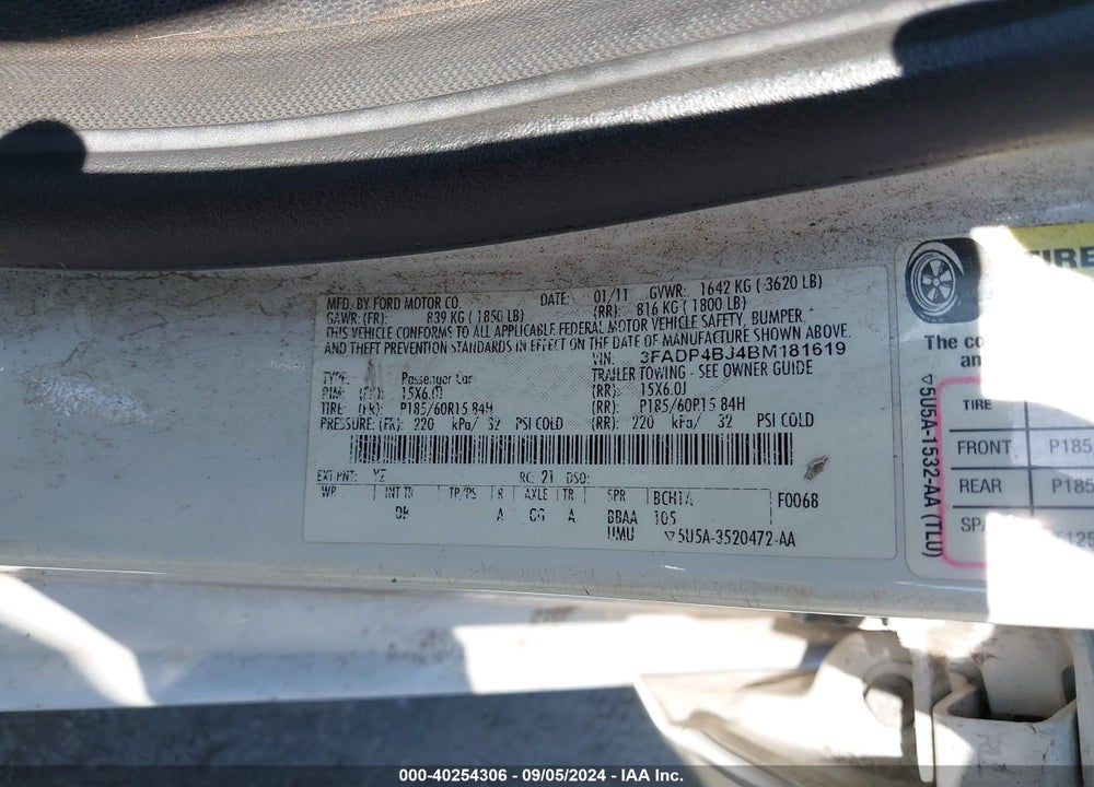 2011 FORD FIESTA SE VIN: 3FADP4BJ4BM181619
