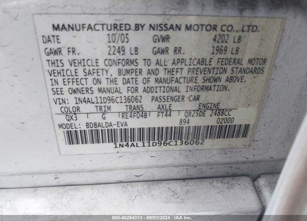 2006 NISSAN ALTIMA 2.5 S VIN: 1N4AL11D96C136062
