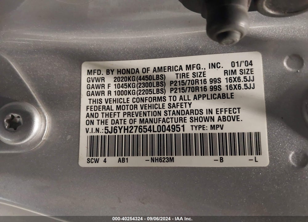2004 HONDA ELEMENT EX VIN: 5J6YH27654L004951