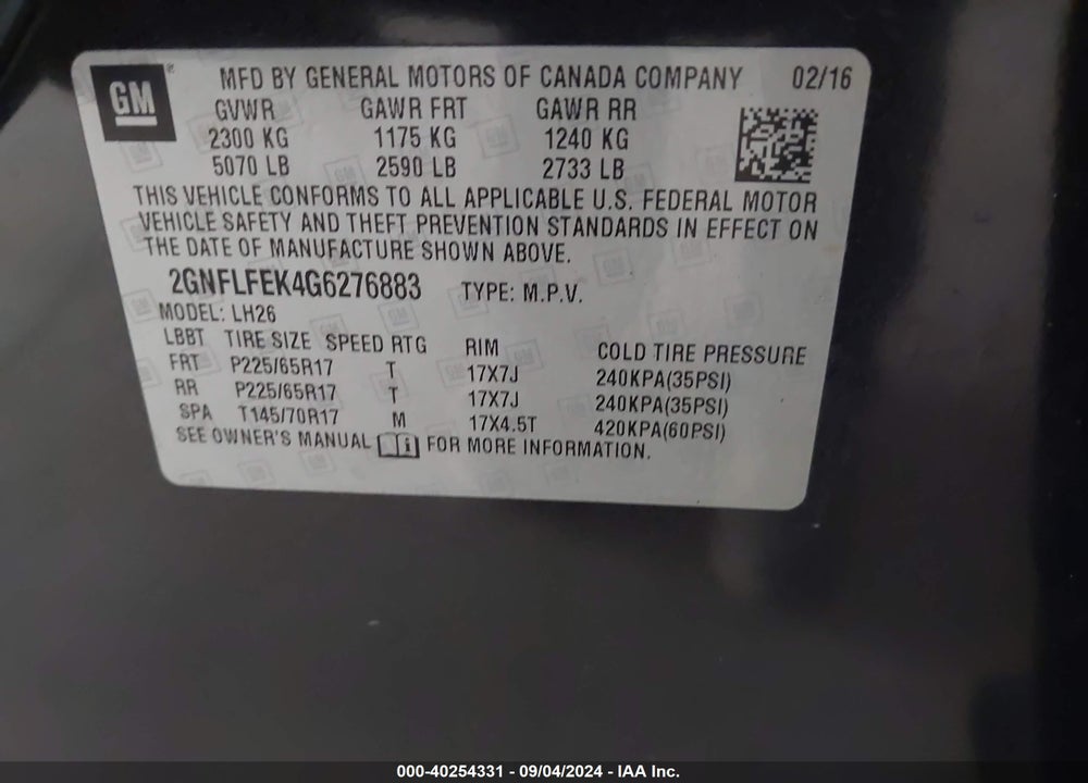 2016 CHEVROLET EQUINOX LT VIN: 2GNFLFEK4G6276883