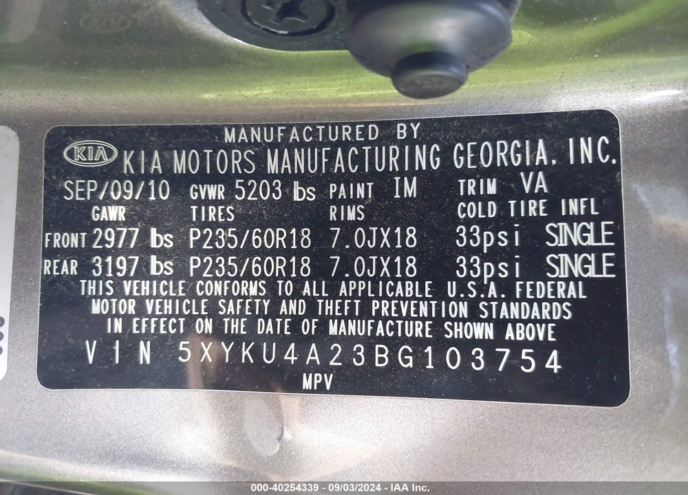 2011 KIA SORENTO EX V6 VIN: 5XYKU4A23BG103754
