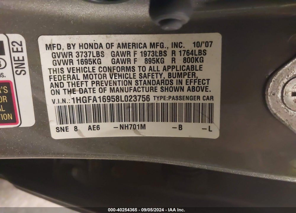 2008 HONDA CIVIC EX-L VIN: 1HGFA16958L023756