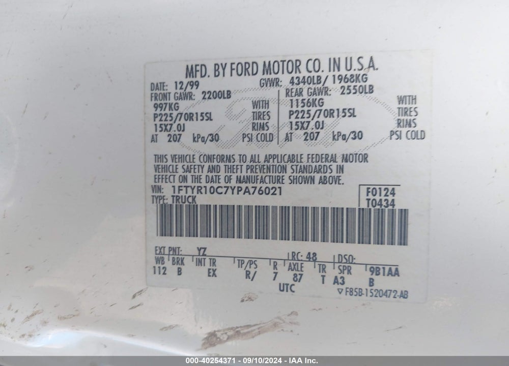 2000 FORD RANGER XL/XLT VIN: 1FTYR10C7YPA76021