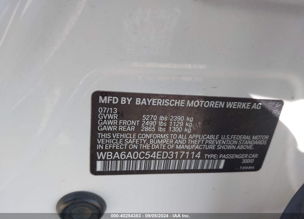 2014 BMW 640I GRAN COUPE VIN: WBA6A0C54ED317114