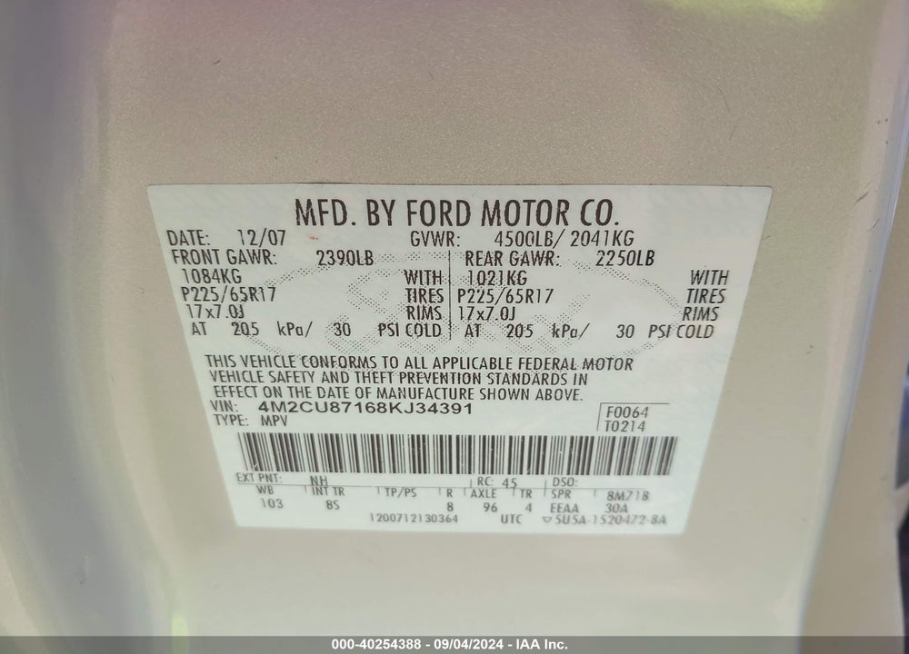 2008 MERCURY MARINER PREMIER VIN: 4M2CU87168KJ34391