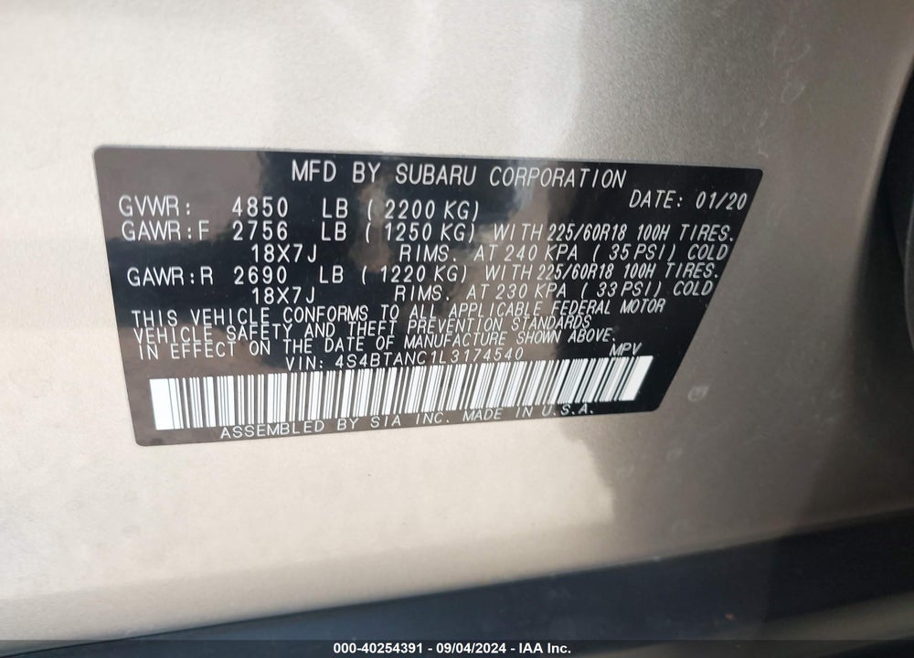 2020 SUBARU OUTBACK LIMITED VIN: 4S4BTANC1L3174540