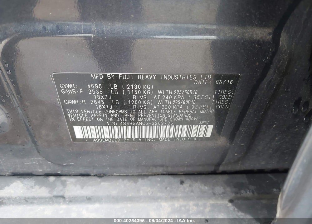 2017 SUBARU OUTBACK 2.5I LIMITED VIN: 4S4BSANC5H3209736