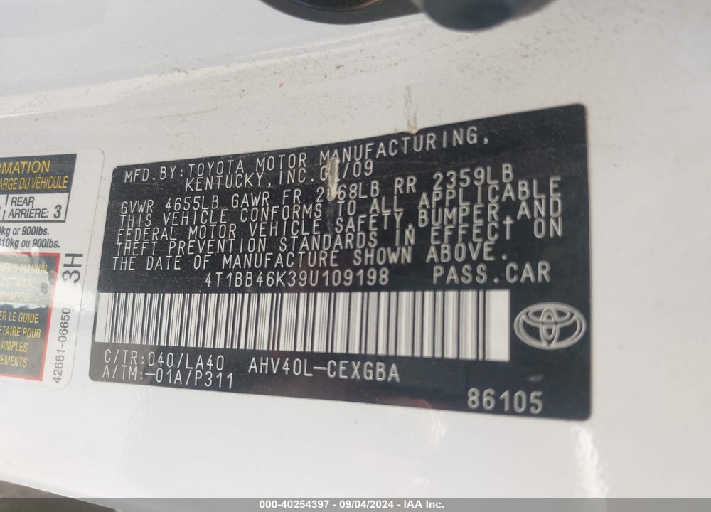 2009 TOYOTA CAMRY HYBRID VIN: 4T1BB46K39U109198