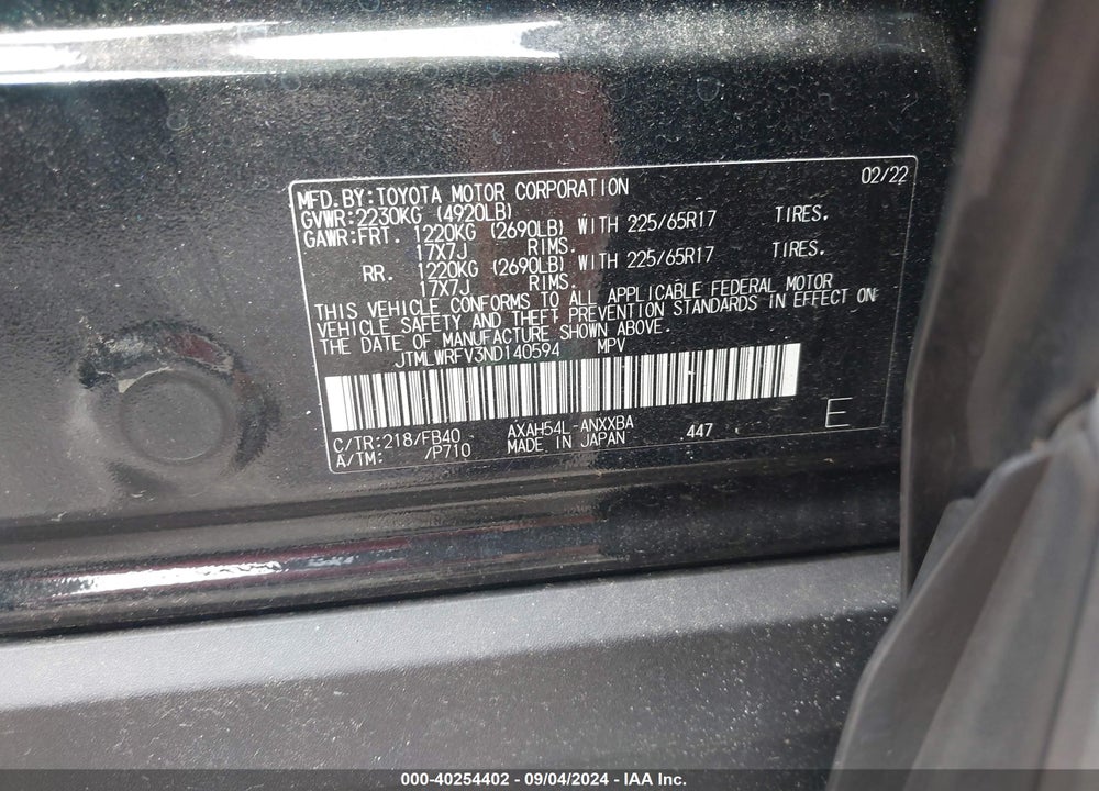 2022 TOYOTA RAV4 HYBRID LE VIN: JTMLWRFV3ND140594