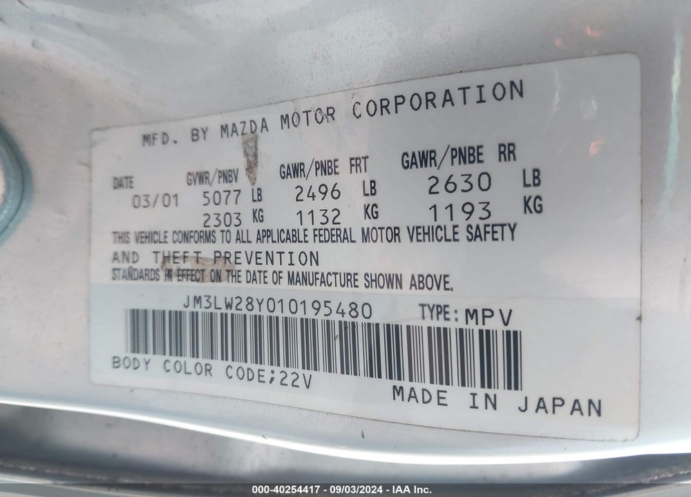 2001 MAZDA MPV DX/ES/LX VIN: JM3LW28Y010195480