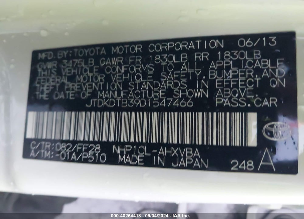 2013 TOYOTA PRIUS C TWO VIN: JTDKDTB39D1547466