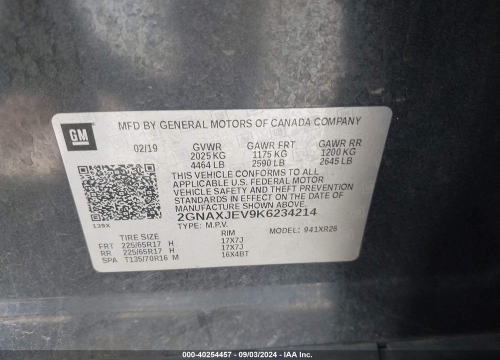 2019 CHEVROLET EQUINOX LT VIN: 2GNAXJEV9K6234214