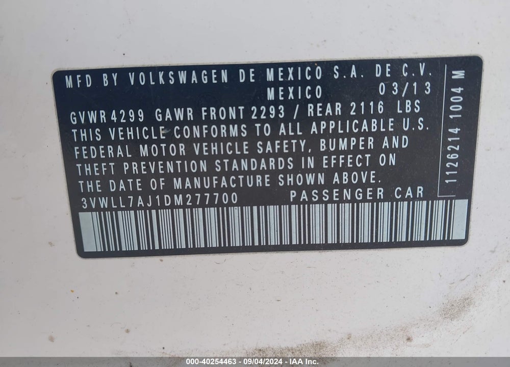 2013 VOLKSWAGEN JETTA 2.0L TDI VIN: 3VWLL7AJ1DM277700