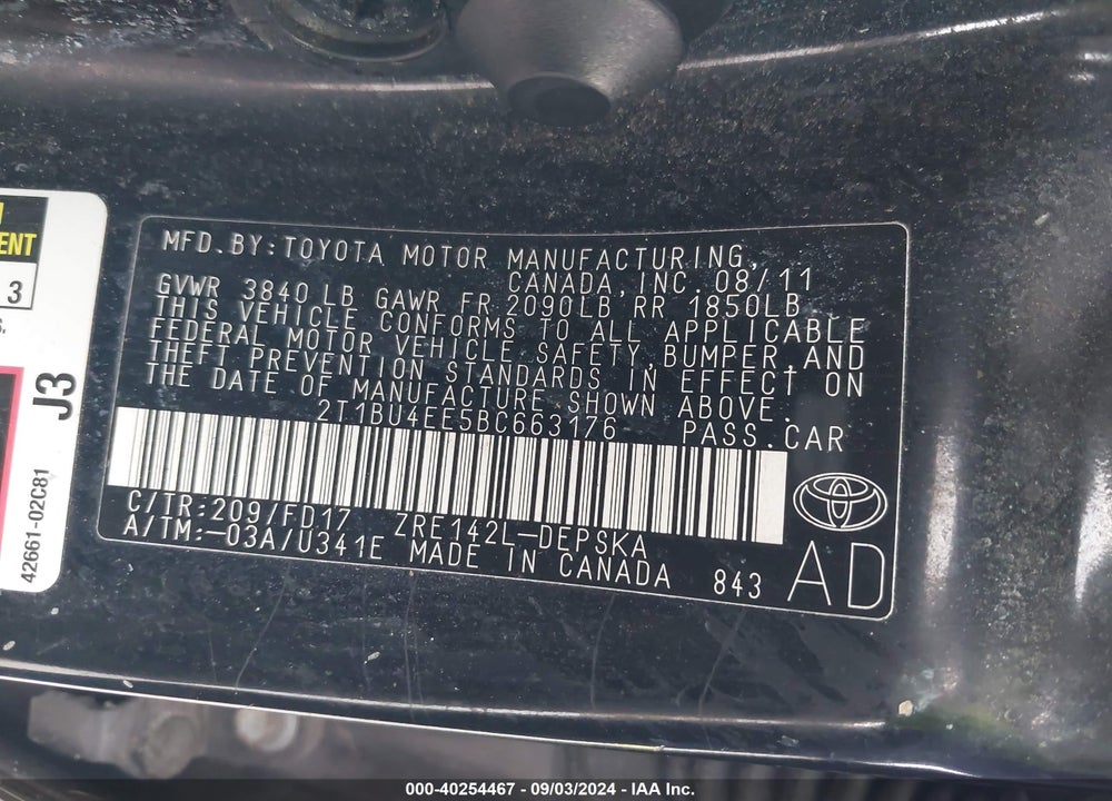 2011 TOYOTA COROLLA VIN: 2T1BU4EE5BC663176